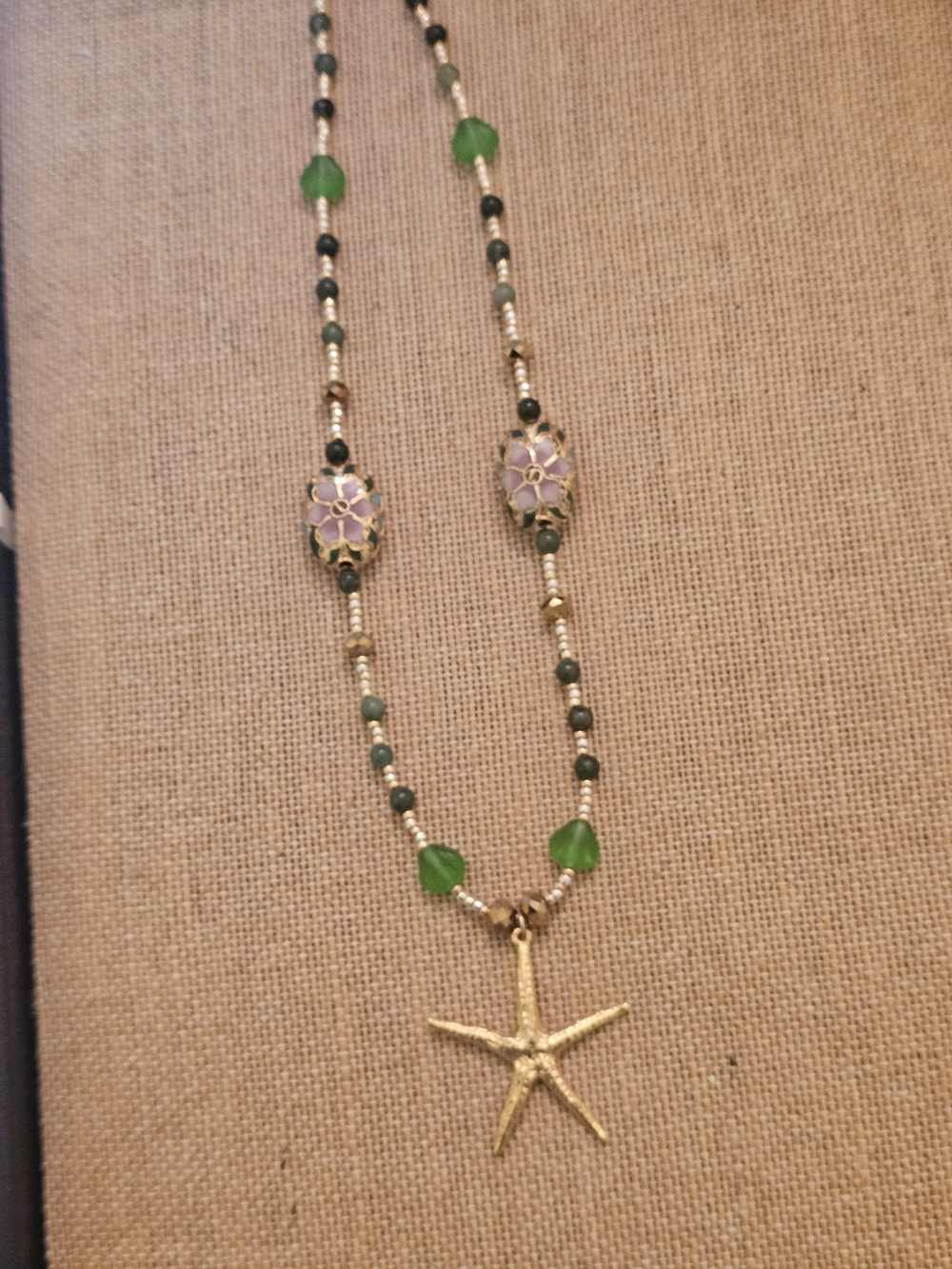 Handmade Cape Cod 18K Gold Plated Pewter Starfish, Cloisonne, Jade Necklace NWOT